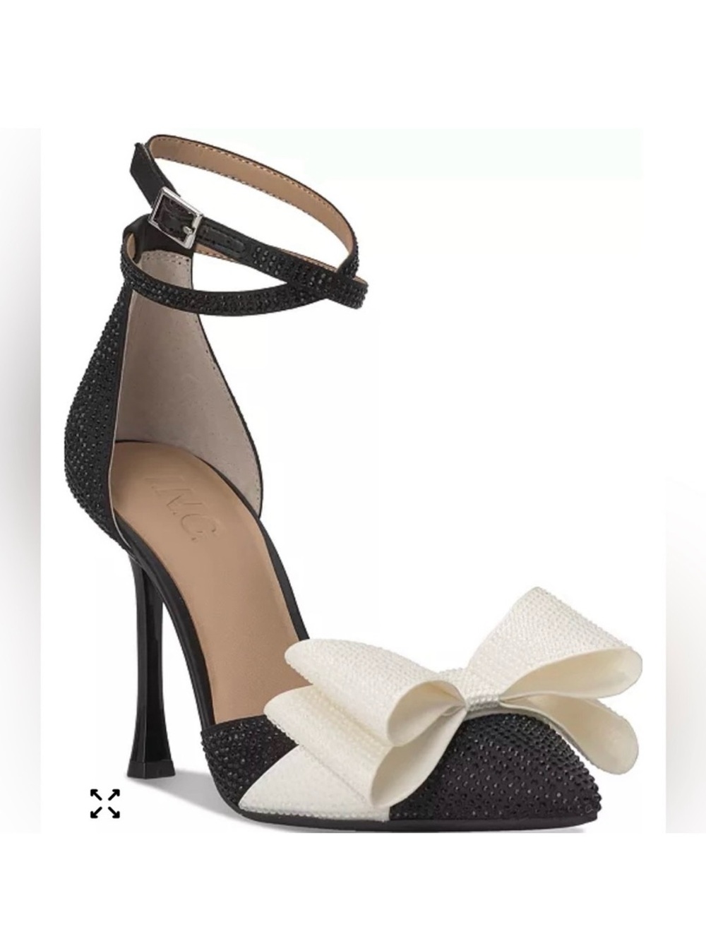 INC International Concepts Black and Ivory Bow Pointed-Ankle Strap Pump